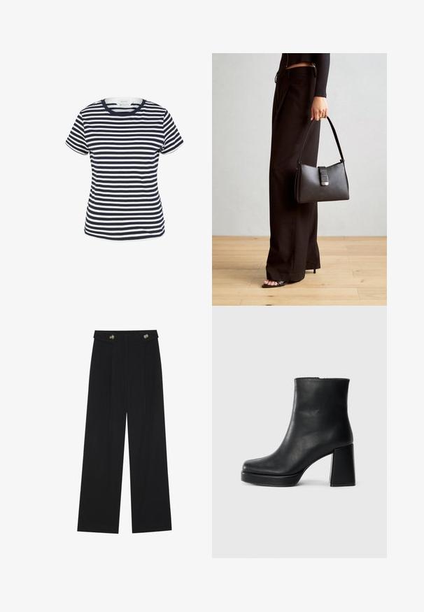 Námořnická modrá a bílá pruhovaná tričko vyrobené z organické bavlny, s kulatým výstřihem a krátkými rukávy, s rovnými lemy na spodní straně.; Černé široké kalhoty s vysokým pasem, detailní knoflíky na pase a přední záhyby.; Černý kožený kotníkový bot s blokovým podpatkem a platformou, viděný z boku na jednoduchém bílém pozadí.; Černá kabelka se strukturovaným tvarem, hladkým povrchem a kovovým uzávěrem. Kombinována s širokými černými kalhotami a sandály s otevřenou špičkou na dřevěné podlaze.
