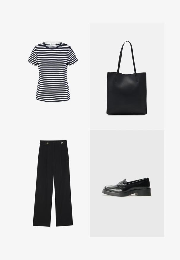 T-maica z morsko modrimi in belimi črtami, izdelana iz organskega bombaža, z okroglo ovratnico in kratkimi rokavi, ter ravnim robom na dnu.; Črne široke hlače s visokim pasom, gumbnimi detajli na pasu in sprednjimi gubami.; Črne usnjene loafer čevlje z zaobljenim prstom, diskretnim šivom na vrhu in kvadratnim petam. Gladka tekstura z minimalističnim dizajnom.; Črna usnjena torba s svilnato teksturo, pravokotne oblike in dvema dolgima ročajema. Brez vidnih metalnih delov ali okrasnih elementov.