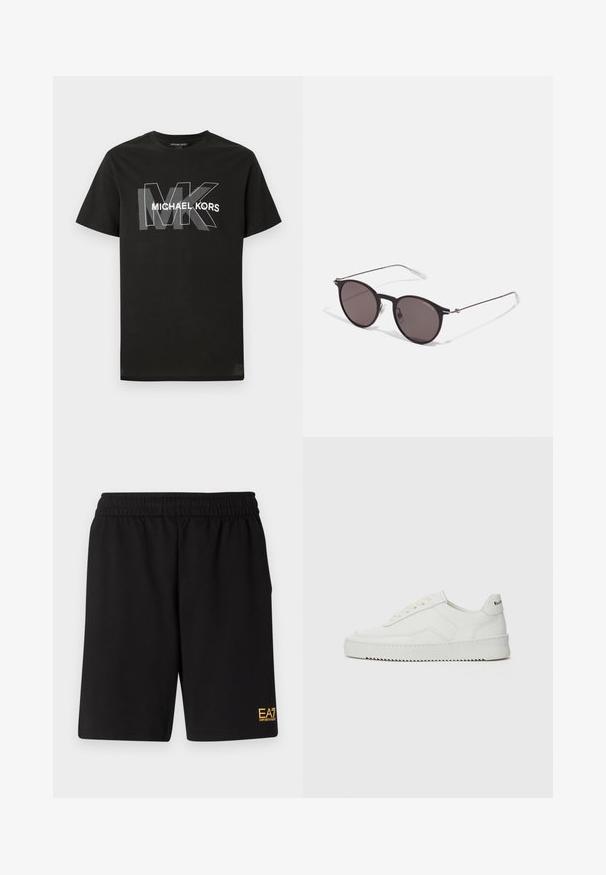 Černé tričko s krátkým rukávem s překrytými šedými písmeny "MK" a bílým textem "MICHAEL KORS" napříč hrudníkem.; Černé sportovní šortky vyrobené z měkké látky, s elastickým pasem a malým žlutým logem EA7 na dolní části levé nohy.; Bílé kožené tenisky s hladkým povrchem, kulatou špičkou, plochými tkaničkami a texturovanou podrážkou. Na patě se nachází nenápadné logo.; Černé kulaté sluneční brýle s tmavými skly a tenkými kovovými nohami. Obsahují průhledné koncovky nožiček a stříbrné akcenty na pantu. Minimalistický design.