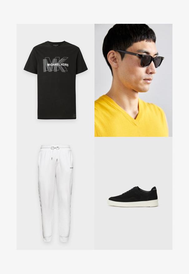 Svart kortermet t-skjorte med overlappende grå "MK" bokstaver og "MICHAEL KORS" tekst i hvitt over brystet.; Michael Kors LOGO TAPE PANT - Joggebukse - white; Svart semsket sneakers med snøring og kontrasterende hvit gummisåle. Har teksturerte sidepaneler og subtil merkevare på hælen.; Solsikker med svarte rammer og mørke linser. Merkbare detaljer inkluderer små gullaksenter på hengslene og en rektangulær form.