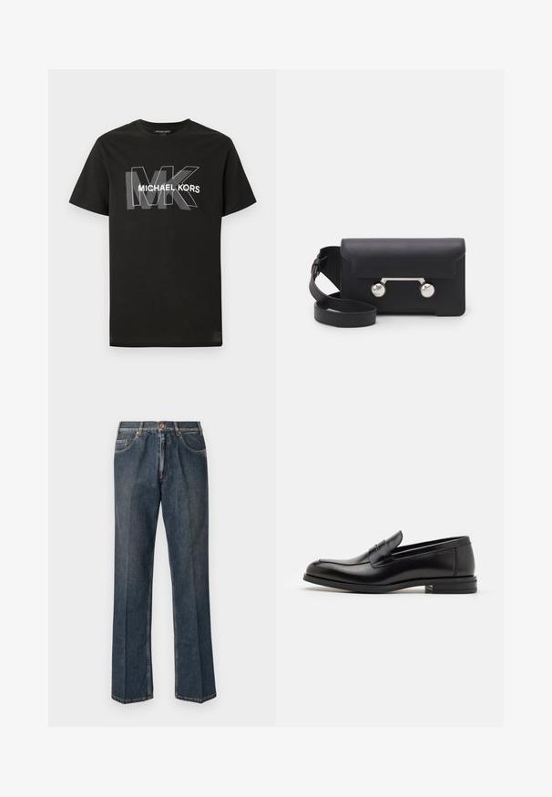 Črna majica s kratkimi rokavi z prekrivajočimi se sivo-črnimi črkami "MK" in belim napisom "MICHAEL KORS" čez prsi.; Temno modri traper hlače ravnega kroja z gumbom spredaj, zadrgo, dvojnimi sprednjimi žepi in vidnimi navpičnimi gubami po nogah.; Črne usnjene loafer čevlje z gladko teksturo, zaobljenim nosom in dekorativnim trakom čez zgornji del. Nizka zložena peta, minimalističen dizajn.; Črna usnjena torbica za čez ramo z zapiranjem na preklop, srebrnimi dodatki in dvema okroglima okrasoma. Ima snemljiv trak. Gladka tekstura.