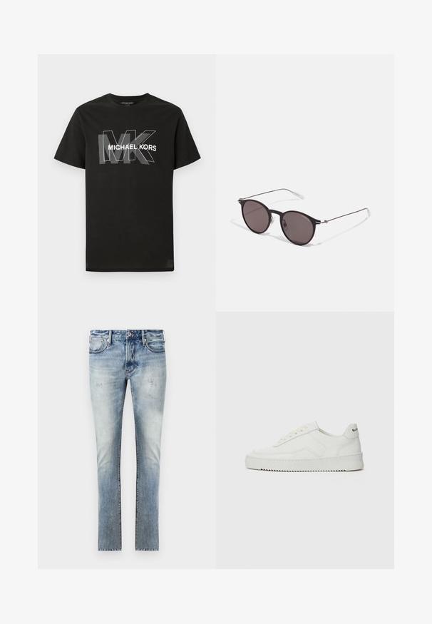 Melna T-kreklu ar īsām piedurknēm, kurā uz krūškurvja ir pārklājošas pelēkas "MK" burtu un balti rakstītu "MICHAEL KORS" teksts.; Gai zili džinsi ar nolietu apdari, šaura piegriezuma dizains, piecas kabatas un kontrastējoša šuvju apdare.; Baltas ādas sneakers ar gludu virsmu, apaļu pirkstu daļu, plakaniem šņorēm un teksturētu zoli. Satur diskrētu logotipu uz papēža.; Melni apaļi saulesbrilles ar tumšiem lēca un plānām metāla stangām. Iekļautas caurspīdīgas tempļu galviņas un sudraba akcenti pie eņģes. Minimalistisks dizains.