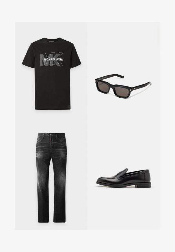 T-shirt preta de manga curta com letras cinzentas "MK" sobrepostas e o texto "MICHAEL KORS" em branco a atravessar o peito.; Jeans de denim preto com um corte reto. Apresentam áreas desbotadas, ligeira degradação, design clássico de cinco bolsos e um fecho de botão.; Mocassins de couro preto com uma textura suave, bico arredondado e uma faixa decorativa sobre o peito do pé. Salto baixo e empilhado, design minimalista.; Óculos de sol retangulares pretos com lentes escuras, armação de plástico espesso, detalhes em dourado nas hastes e logotipo da marca gravado na lateral.