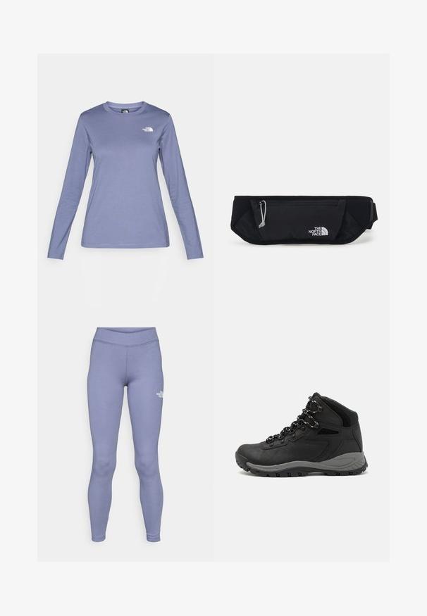Dugih rukava košulja od svijetlopurple tkanine, s okruglim izrezom i bijelim The North Face logom na lijevoj strani prsnog koša. Glatka tekstura, ležerni kroj.; Plave sportske tajice napravljene od meke, rastezljive tkanine. Imaju visok pojas i mali bijeli logo na lijevom bedru.; Crne planinarske čizme s dizajnom srednjeg vrha, sa teksturiranim gornjim dijelom, sivim akcentima i izdržljivom gumom potplatom s uzorkom za prianjanje.; The North Face SUNRISER RUN BELT UNISEX - Pojasna torbica - black/white