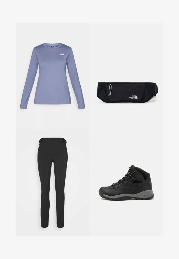 Ilgos rankovės šviesiai violetinės spalvos marškiniai, suapvalintu kaklu ir balta "The North Face" logotipu kairėje krūtinės pusėje. Lygi tekstūra, laisvas siluetas.; Juodos, prigludusios kelnės, pagamintos iš lankstaus medžiagos. Ypatybės: šoninis kišenės užtrauktuku, suformuotos kelių sritys ir lygi tekstūra.; Juodas žygio botas su vidutinio aukščio dizainu, pasižymintis tekstūruota viršutine dalimi, pilkų akcentų ir patvaria guma padanga su sukibimo gumbais.; The North Face SUNRISER RUN BELT UNISEX - Diržinis krepšelis - black/white