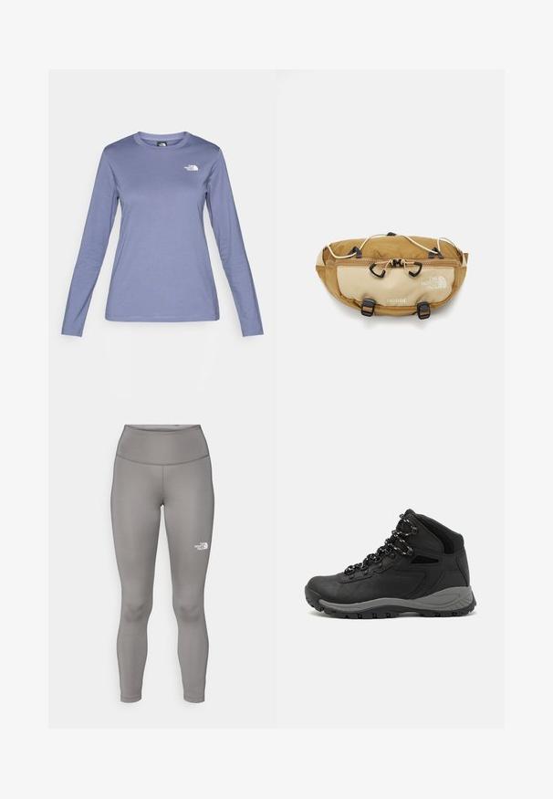 Camisa de manga larga en tejido morado claro, con cuello redondo y el logo de The North Face en blanco en el lado izquierdo del pecho. Textura suave, corte casual.; Mallas grises hechas de un material elástico, con una cinturilla alta y el logo de Northern Face en blanco en la pierna izquierda.; Bota de senderismo negra con un diseño de medio caña, que cuenta con una parte superior texturizada, acentos grises y una suela de goma duradera con tacos de tracción.; The North Face TERRA LUMBAR 3L UNISEX - Riñonera - utility brown/khaki stone