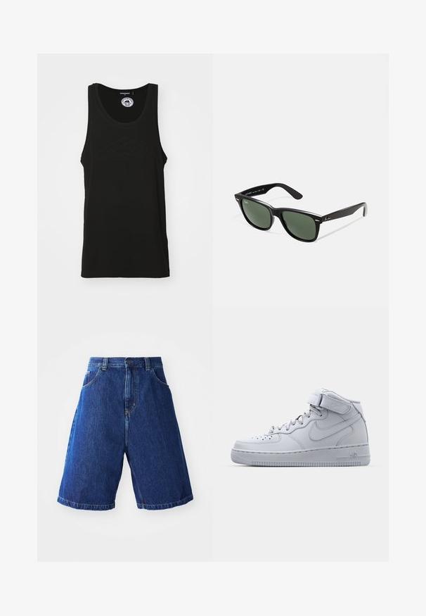 Juodas be rankovių marškinėliai, pagaminti iš medvilnės, su apvaliu iškirpimu ir įspaustu logotipo detalė ant priekio. Švarus, minimalistiškas dizainas.; Džinsiniai šortai su mėlynu skalbimu, pasižymintys aukštu liemeniu, dviem priekinėmis kišenėmis ir geltonomis siūlėmis.; Aukšti pilki Nike Air Force 1 sportbačiai su odiniu viršumi, paminkštintu apykakle ir Velcro dirželiu. Ikoniškas dizainas pasižymi perforuota pirštų dėvės dalimi.; Juodi plastikiniai saulės akiniai su žaliais objektyvais, kvadratiniais rėmeliais, sidabriniu akcentu ant antakio ir tekstūruotais šventyklų šakutėmis. Vidinėje šakutėje nurodyta prekės ženklo pavadinimas.