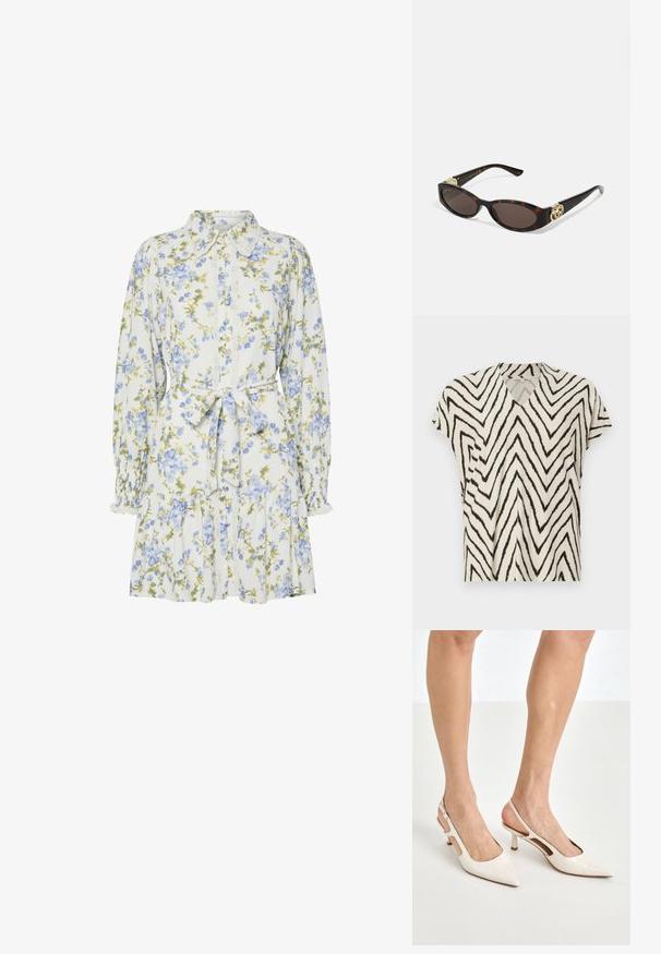 Kortærmet V-hals top i creme med sort zigzag-mønster. Blødt stof, afslappet pasform og sidelommer for ekstra struktur.; Blomsterkjole i hvid med blå og grønne blomster, med krave, knaplukning foran, lange ærmer med elastiske manchetter og et bånd i taljen.; Beige patenterede læder slingback hæle med spids tå og 5 cm hæl, med udskårne sider og en tynd ankelrem.; Skildpaddemønster solbriller med aflange ovale linser, brun farve, guldlogo accenter på stængerne og slanke sorte arme.; Stor stråtask med en tekstureret, beige yderside og to brede håndtag. Har et læderbånd som lukning.; Perle- og krystalhalskæde med et rundt, perlekantet design i lyse nuancer, der præsenterer skiftevis perler og glitrende detaljer, båret om halsen.