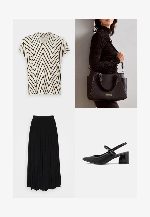 Krótki rękaw, top w serek w kolorze kremowym z czarnym wzorem w zygzak. Miękka tkanina, luźny krój oraz boczne szwy dla dodatkowej struktury.; Czarna plisowana spódnica z wysokim, elastycznym pasem. Wykonana z miękkiego materiału, z pionowymi plisami, które tworzą zwiewny kształt.; Czarne lakierowane czółenka na słupku ze spiczastym noskiem, lekko zaokrąglonym wycięciem i obcasem w kształcie bloku. Posiadają złotą klamrę jako akcent dekoracyjny.; Czarna torebka z teksturowanej powierzchni, podwójnymi uchwytami na górze i regulowanym paskiem na ramię. Posiada złote okucia i boczne kieszenie.
