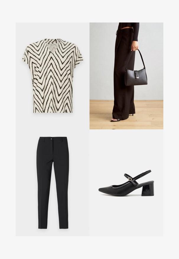 Top cu mânecă scurtă și decolteu în V, de culoare crem, cu un model în zigzag negru. Material moale, croială lejeră și cusături laterale pentru o structură suplimentară.; Pantaloni negri ajustați dintr-un material fin, cu un talie clasică, fermoar frontal și buzunare laterale, având un design elegant și croit.; Cizme cu toc slingback din piele sintetică lacuită neagră, cu vârful ascuțit, un design cu decupaj rotunjit și toc bloc. Include un accent cu cataramă de culoare aurie.; Genți negre cu o formă structurată, textură netedă și un închizător metalic. Asortată cu pantaloni negri largi și sandale cu vârf deschis pe un podea din lemn.