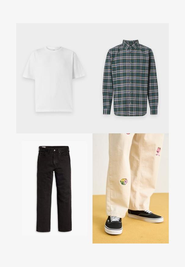 Biely bavlnený tričko s kruhovým výstrihom a krátkymi rukávmi. Má voľný strih a hladkú textúru. Bez viditeľných vzorov alebo grafiky.; Zelená flanelová košeľa s károvaným vzorom, ktorá obsahuje modré, biele a horčicovo žlté pruhy. Zapínanie na gombíky vpredu a špičatý golier. Dlhé rukávy.; Čierne džínsy s rovnými nohavicami, s piatimi vreckami, s rozopínaním na gombík a pútkami na opasok, položené na bielom pozadí.; Béžové bavlnené nohavice s hravými vyšívanými vzormi vrátane ružovej postavy a farebného bloku, skombinované s čiernymi šnurovacími teniskami.
