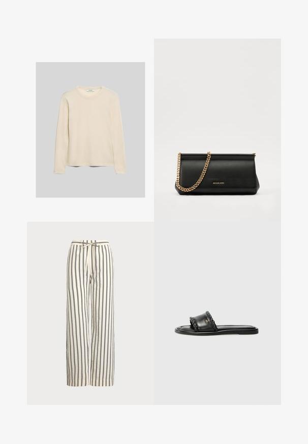 Lange mouwen romige t-shirt gemaakt van zachte stof, met een ronde halslijn en een rechte snit aan de zoom. Minimalistisch ontwerp.; Brede broek van crèmekleurige stof met verticale marineblauwe strepen. Voorzien van een elastische tailleband met trekkoord, voor een relaxte pasvorm en textuur.; Zwarte leren sandaal met een geweven riemdetail, platte zool en een strak ontwerp. Gladde textuur en minimalistisch profiel.; Zwarte leren clutch tas met een gouden kettinghengsel, voorzien van een gladde textuur, rechthoekige vorm en reliëfmerk op de voorkant.