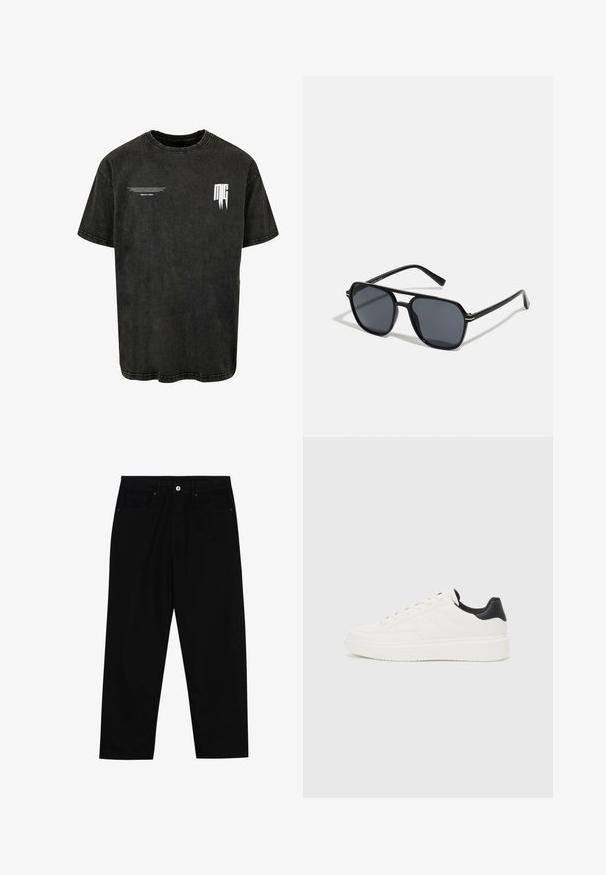 Must must have t-särk, mis on valmistatud denimpurust. Omab lõdva istuvust, ümmargust kaelust ja valget trükitud logo rinnal.; Mustadest denimist püksid, millel on sirge jalg, viie tasku disain ja eesnupuga sulgur. Sile tekstuur koos minimaalsete õmblustega.; Valge nahast sneaker, millel on reljeefne muster, tekstureeritud valge vaheline tall ja must kannaaktsent. Omab ümarat nina ja lamedat paelavarrast.; Mustad mustad prillid oktaalpäistega, tumedad läätsed, läikiv viimistlus, õhukesed templid ja kuldsed aktsendid ees.