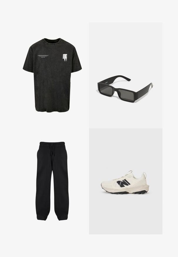 Zwarte T-shirt met korte mouwen gemaakt van denim stof. Heeft een relaxte pasvorm, ronde halslijn en een witte bedrukte logo op de borst.; Zwarte sweatpants met een elastische tailleband, trekkoord en zijzakken. Gemaakt van een zachte stof met een relaxte pasvorm en afgeronde enkels.; Lichtbeige sneaker met een bovenwerk van mesh, zwart logo en een getextureerde zool. Geaccentueerd met een geometrisch patroon op de tussenzool.; Zwarte zonnebril met rechthoekige lenzen, matte plastic montuur en rechte randen. Bevat het merkteken op de binnenarm.