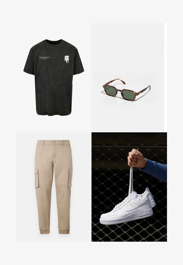Svart kortermet T-skjorte laget av denimstoff. Har en avslappet passform, rund halsutringning og hvit trykt logo på brystet.; Beige cargo bukser i let bomuldsmateriale. Har elastiske manchetter, flere sidelommer og en knaplukning.; Hvite skinnsneakers med perforeringer, rund tå, flat såle og tykke lisser, med en synlig swoosh-logo og "AIR" på hælen.; Skilpaddeskall solbriller med grønne linser, i en oktagonal form og slanke, buede stenger. Materialet har en blank finish.