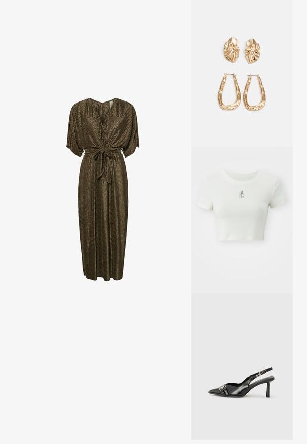 Lühikeste varrukatega valge lühike särk, mis on valmistatud pehmest kangast ja mille rinnal on väike tikandiga joonistus karaktärist. Särgil on ümar kaelus.; Pruun, voltidega maksikleit V-kaelusega, laiade varrukatega ja vööga taljes. Sile tekstuur kerge sädelusega.; Must musta nahk kingad sanga ja terava ninaga, ankle strapidega, millel on hõbedased pandlad ja riistvara ning õhuke konts.; Kuldmetallist käekott, millel on struktureeritud disain, sile tekstuur ja reguleeritav rihm. Omab ainulaadset kolmnurkset kuju ja minimalistlikku õmblust.; Kuldse värvi kõrvarõngad, mis on kaunistatud tekstuursete ja laineliste kujunditega. Komplektis on skulpturaalsed klamber kõrvarõngad ja avatud rõngasdisain, millel on lõhestatud viimistlus.