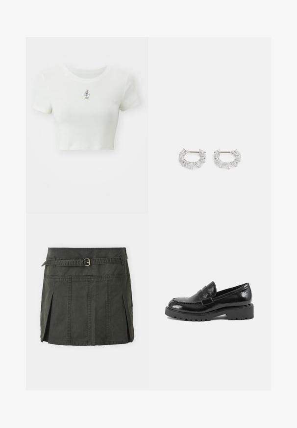 Lyhytcropped-valkoinen t-paita, joka on valmistettu pehmeästä kankaasta. Paidassa on pieni brodeerattu sarjakuvahahmo rinnassa, lyhyet hihat ja pyöreä pääntie.; Tumma vihreä, puuvillainen minihame, jossa on istuva vyötärö, vyö ja etupleatit. Ominaisuuksiin kuuluu ompeluyksityiskohtia ja klassinen leikkaus.; Mustat lakatut mokkasiinit, joissa on jämäkkä varvasosa, koristeellinen remmi päällyksellä ja paksu, kestävä pohja. Sujuva, kiiltävä pinta.; Hopeat renkaat, joissa on läpinäkyviä suorakulmio- ja kolmiomuotoisia kiteitä, jotka on järjestetty kuvioituna. Korkealaatuiset kiinnityspisteet turvallista kiinnittämistä varten.