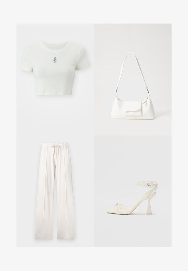 Cropped white t-shirt made from soft fabric, featuring a small embroidered cartoon character on the chest, short sleeves, and a rounded neckline.; Light beige sweatpants made of soft fabric, featuring a drawstring waist, wide legs, and vertical seams, with a smooth texture.; Strappy high-heeled sandal in white leather with a sleek design, a transparent block heel, and a decorative element at the toe.; White synthetic handbag with a triangular shape, flat front flap and bow detail, adjustable strap, smooth texture, and minimalistic design.