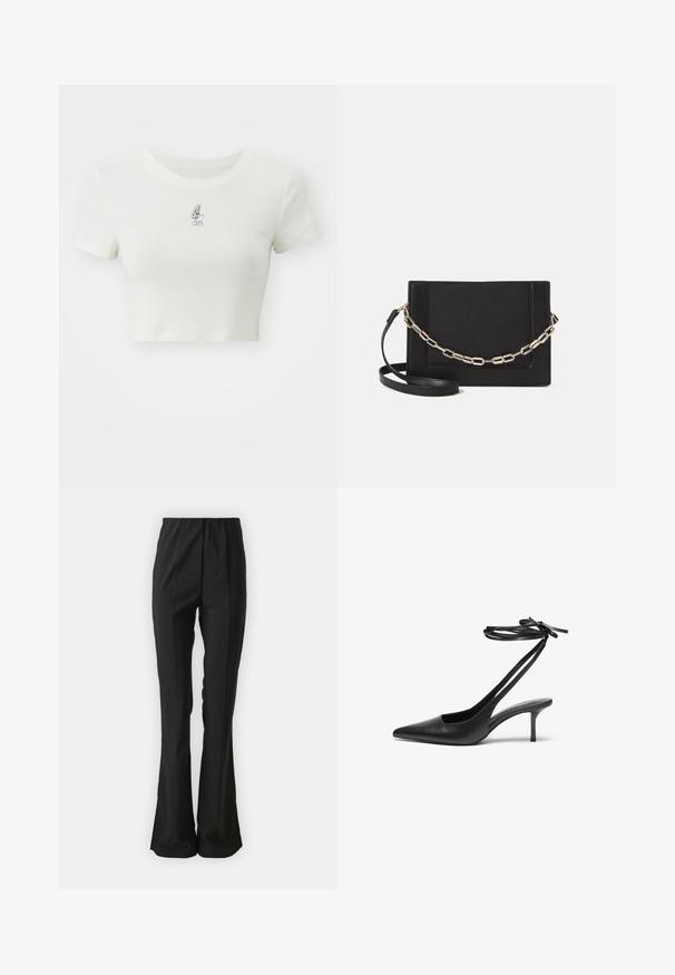 Cropped white t-shirt made from soft fabric, featuring a small embroidered cartoon character on the chest, short sleeves, and a rounded neckline.; Black trousers with a flared design, made of smooth fabric. Features an elastic waistband and vertical seams for a tailored appearance.; Black leather stiletto shoe with a pointed toe, open back, and ankle straps tied in a bow. Slim 3-inch heel. Smooth texture, minimalist design.; Black leather crossbody bag featuring a smooth texture, rectangular shape, and a metallic chain detail on the front. Adjustable strap included.; Silver double-band ring with a smooth, polished surface. Features a fluid, curved design with overlapping sections for a modern look.