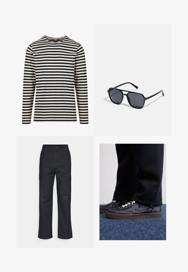 Koszula z długim rękawem w paski w kolorze kremowym i czarnym, z okrągłym dekoltem i prostym krojem. Wykonana z miękkiej bawełny z poziomymi paskami w równych odstępach.; Czarne spodnie cargo o prostym kroju, z bocznymi kieszeniami i teksturowanym materiałem. Zapięcie na guzik w pasie zapewniające pewne dopasowanie.; Nike Sportswear KILLSHOT czarny; Czarne okulary przeciwsłoneczne z ośmiokątną oprawką, ciemnymi soczewkami, błyszczącym wykończeniem, cienkimi zausznikami i złotymi akcentami na przodzie.