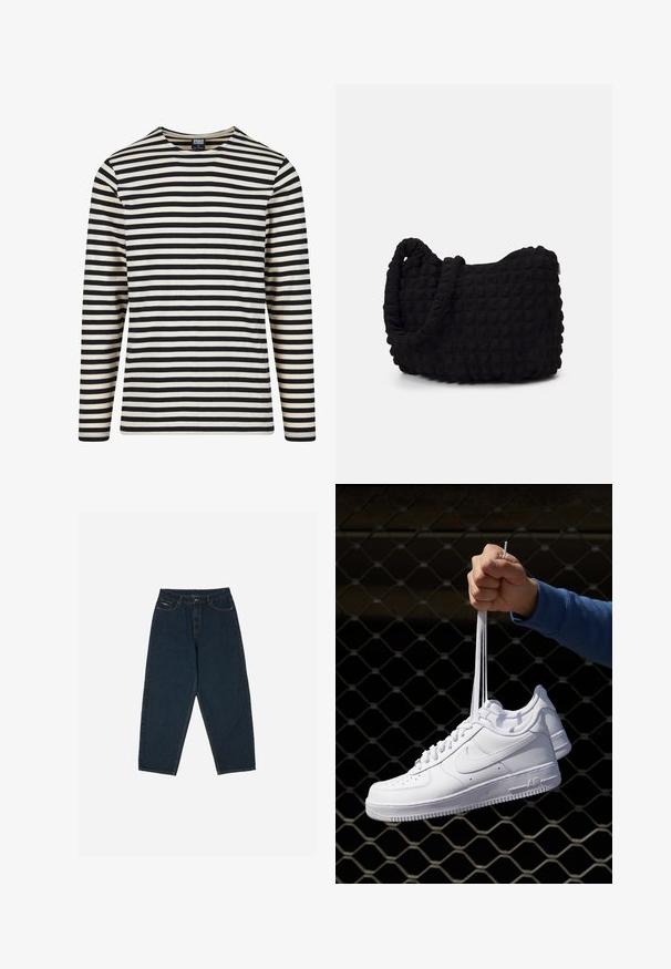Majica s dugim rukavima u krem i crnoj prugastoj boji, s okruglim izrezom i ravnim krojem. Izrađena od mekog pamuka s ravnim horizontalnim prugama.; Tamno plave traperice visokog struka s opuštenim krojem, s pet džepova i zatvaranjem na gumb. Izrađene od denima s glatkom teksturom.; Bijele kožne tenisice s perforacijama, okruglim vrhom, ravnim potplatom i debelim vezicama, s vidljivim swoosh logom i natpisom "AIR" na peti.; Crna platnena torba s teksturiranim, kviltanim uzorkom. Okrugli oblik, kratke, debele ručke i meka, fleksibilna struktura.