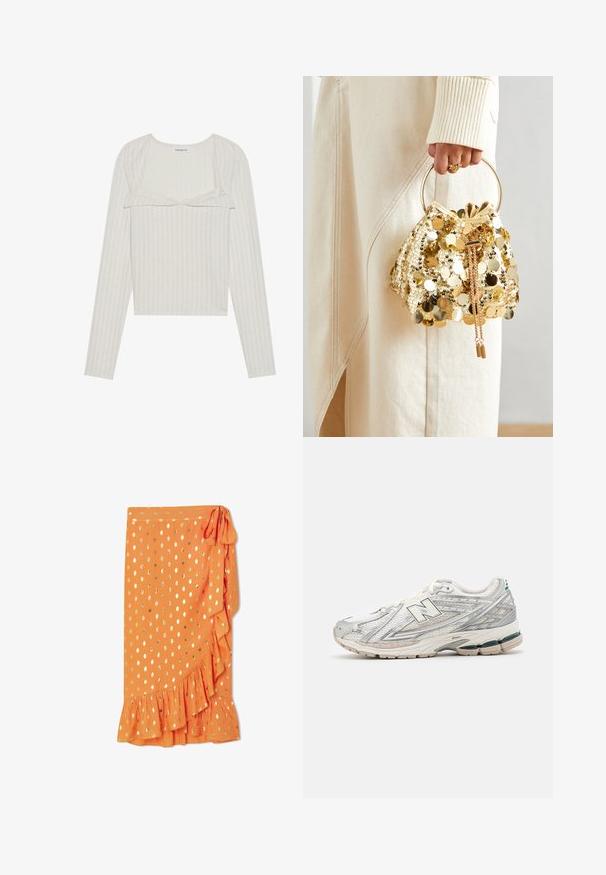 Bluză lungă bej deschis cu mâneci lungi, cu o textură din țesătură cu nervuri. Are un detaliu din dantelă la margini și un design scurtat, cu decolteu rotund și mâneci ajustate.; Cămașă lungă cu mâneci portocalie, dintr-un material ușor, cu puncte aurii, cu închidere prin nasturi și manșete cu nasturi, având un design lejer.; Fustă înfășurată portocalie cu buline aurii, cu tiv ondulat și un laț pe lateral. Confecționată dintr-un material ușor, având o textură fină.; Pantofii de alergare au un upper din plasă argintie și albă, cu un accent verde. Talpa este groasă și texturată, proiectată pentru amortizare și suport.; Geantă de mână cu mânere circulare, confecționată din paiete aurii, cu un șnur de închidere, având paiete rotunde strălucitoare și o țesătură texturată. Dimensiunile nu sunt furnizate.