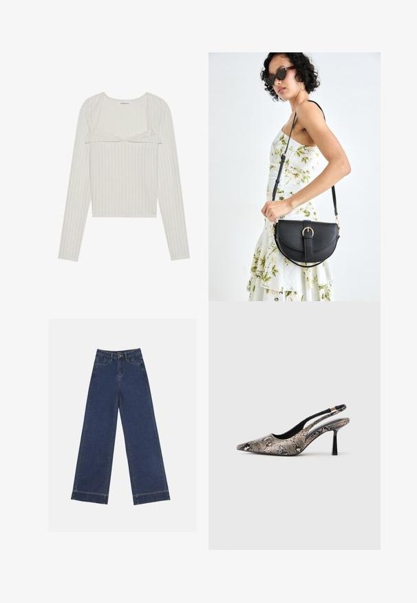 Bluză lungă bej deschis cu mâneci lungi, cu o textură din țesătură cu nervuri. Are un detaliu din dantelă la margini și un design scurtat, cu decolteu rotund și mâneci ajustate.; Jeans evazați din denim albastru închis. Au cinci buzunare, bucle pentru curea și o margine brută la baza, cu detalii de coasere vizibile.; Pantofi slingback cu vârf ascuțit, din material texturat cu imprimeu de șarpe, având un toc subțire negru și un design decupat pe laterale.; Geantă din piele neagră, cu o formă curbată, curea detașabilă și accesorii aurii. Geanta are un capac cu un detaliu tip cataramă.