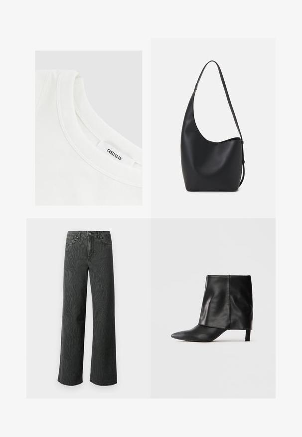 Weißes Baumwoll-T-Shirt mit rundem Ausschnitt und genähten Details; Etikett lautet "REISS." Glatte Textur, schlichtes Design.; Weite Jeans aus dunkelgrauem Denim, mit einer subtilen Zebra-Muster-Struktur, kontrastierenden Nähten und einem Fünf-Taschen-Design mit einem Knopfverschluss.; Schwarze Lederstiefel bis zur Mitte der Wade mit spitzer Zehe, gefaltetem oberen Schaft und schlankem, niedrigem Absatz auf weißem Hintergrund.; Schwarze Leder-Hobo-Tasche mit einer glatten Textur, geschwungener Form und einem einzelnen verstellbaren Tragegurt; verfügt über eine weite Öffnung am oberen Ende.