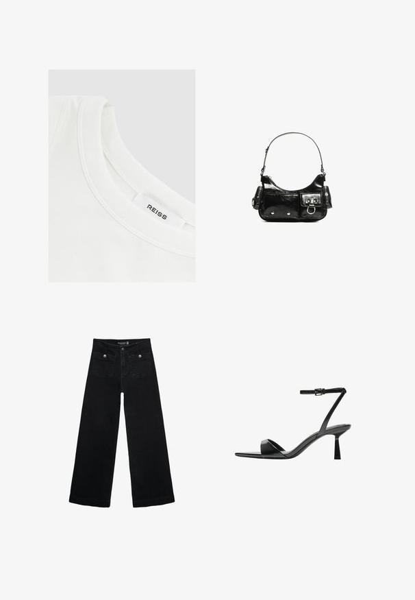 Bela bombažna majica s kroženim izrezom in šiviljskimi detajli; oznaka pravi "REISS." Gladka tekstura, preprost dizajn.; Črne široke kavbojke z visokim pasom, ki imajo dva sprednja žepa in kovinske gumbi. Tkanina ima gladko teksturo.; Bershka Sandali z visoko peto - black; Črna lakasta usnjena torbica s ukrivljeno obliko, enim ramenskim trakom, sprednjimi žepi in srebrnimi kovinskimi dodatki.