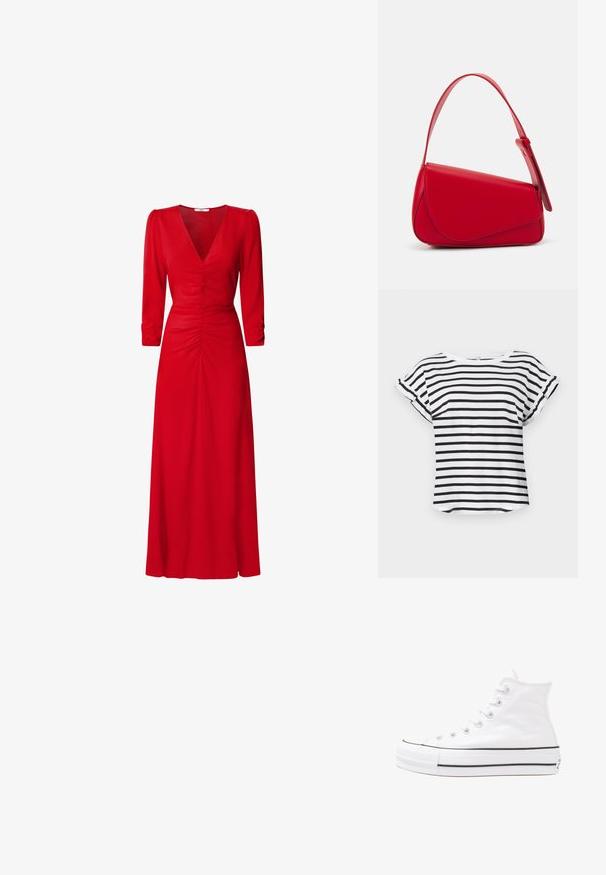 Gestreiftes T-Shirt in Schwarz und Weiß mit kurzen Ärmeln, Rundhals und umgeschlagenen Ärmeln, aus weichem Material. Lässiger, lockerer Schnitt.; Rotes Kleid mit V-Ausschnitt, 3/4-Ärmeln und Raffung an der Taille und am Rücken. Der Stoff wirkt glatt und leicht.; Weiße hochwertige Leinensneaker mit schwarzer Gummisohle, vorderem Gummizehenschutz und sechs Ösen für Schnürsenkel, die ein sauberes, minimalistisches Design aufweisen.; Rote Lederhandtasche mit einem kantigen, geometrischen Design. Verfügt über einen verstellbaren Schulterriemen und einen Klappenverschluss mit genähten Details.
