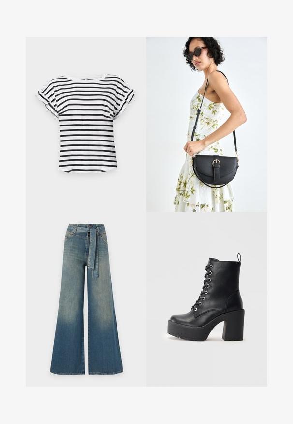 Gestreiftes T-Shirt in Schwarz und Weiß mit kurzen Ärmeln, Rundhals und umgeschlagenen Ärmeln, aus weichem Material. Lässiger, lockerer Schnitt.; Weit geschnittene Denim-Hosen mit einem Farbverlauf von hellblau zu dunkelblau, hoher Taille, Gürtelschlaufen und einem passenden Stoffgürtel. Strukturierte Denim-Oberfläche.; Schwarze Leder-Ankle-Boots mit klobigem Blockabsatz, Schnürung vorne und strukturierter Oberfläche. Mit einer Lasche auf der Rückseite für einfaches Anziehen.; Schwarze Lederhandtasche mit geschwungener Form, abnehmbarem Tragegurt und goldenen Beschlägen. Die Tasche verfügt über einen Deckel mit einer Schnallen-Details.