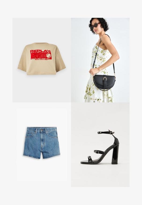 T-shirt cropped bege, com mangas curtas, apresentando texto gráfico vermelho e uma estampa de bola de ténis. Feita de tecido de algodão macio.; Bermudas de ganga em azul claro, com cinco bolsos, fecho de correr e fecho de botão. A bainha está desfiada com um design de corte descontraído.; Sandálias de tacão preto laqueadas com bico quadrado, tiras para o tornozelo e fivelas prateadas. Apresentam um salto bloco chunky para estabilidade.; Bolsa de couro preta com forma curva, alça destacável e detalhes em dourado. A bolsa possui uma aba com detalhe de fivela.