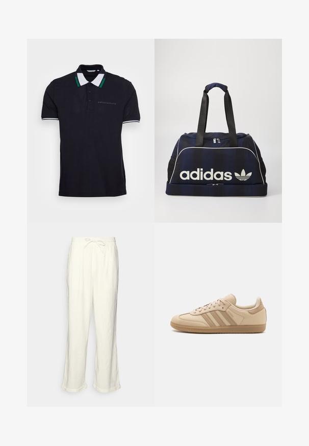 Antony Morato Polo - ink blu; Calças de linho em off-white com um cós elástico, pernas ligeiramente largas e acabamentos dobrados para um ajuste descontraído. Sem bolsos.; Sapatilhas de pele bege com três riscas horizontais, biqueira redonda, sola plana de borracha castanha e forro de tecido macio na gola e na língua.; Mala de duffel azul-marinho com o logótipo branco da Adidas, apresentando um topo com fecho, duas alças pretas robustas e bolsos laterais em malha. Textura do tecido suave.