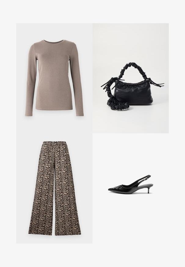 GAP CREW - Tops ar garām piedurknēm - grey; Platas kājas bikses ar elastīgu jostasvītru, gaiši brūnā un brūnā leopardu rakstā uz baltas fona.; Melni ādas sandales ar norādītu pirkstu, mazu kaķa papēdi un dekoratīvu mezglu detaļu priekšā. Gluda tekstūra visā virsmā.; Melnā mākslīgās ādas rokassoma ar krokodila rakstu, savilkta augšdaļa un saburzīta siksna. Izskatās mīksta un kompakta pēc dizaina.