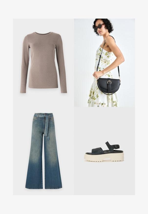 GAP CREW - Langarmshirt - grey; Weit geschnittene Denim-Hosen mit einem Farbverlauf von hellblau zu dunkelblau, hoher Taille, Gürtelschlaufen und einem passenden Stoffgürtel. Strukturierte Denim-Oberfläche.; Schwarze Wildleder-Plateausandalen mit einer klobigen weißen Sohle, breitem Vorderriemen und verstellbarem Knöchelriemen. Strukturierte Laufsohle für besseren Halt.; Schwarze Lederhandtasche mit geschwungener Form, abnehmbarem Tragegurt und goldenen Beschlägen. Die Tasche verfügt über einen Deckel mit einer Schnallen-Details.