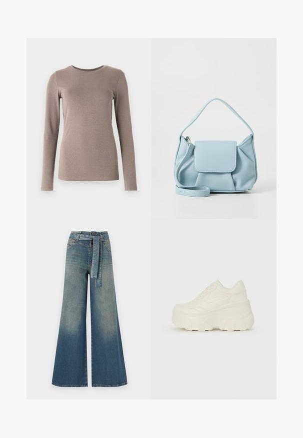 GAP - Bluzka z długim rękawem; Szerokie spodnie dżinsowe z gradientem od jasnoniebieskiego do ciemnoniebieskiego, wysokim stanem, szlufkami na pasek oraz pasującym paskiem z tkaniny. Teksturowany wykończenie dżinsu.; Białe sneakersy na platformie z gładkim, skórzano przypominającym wierzchem, zaokrąglonym kształtem, wyściełanym kołnierzem oraz teksturowaną gumową podeszwą z wyraźnym bieżnikiem.; Jasnoniebieska skórzana torebka na ramię z górnym uchwytem, przednią kieszenią na klapkę oraz odczepianym paskiem na nadgarstek na białym tle.