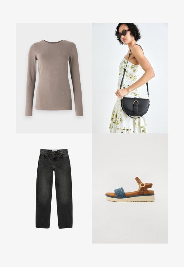 GAP CREW - Langarmshirt - grey; Schwarze Jeans aus Denim mit lockerer Passform, geradem Bein, fünf Taschen-Design und einer leicht gewaschenen Textur. Knopf- und Reißverschluss vorne.; Blaues Textil-Obermaterial mit braunen Lederbändern, verstellbarem Schnallenverschluss und einer hellbeigen Plattform-Sohle mit strukturierten Seiten.; Schwarze Lederhandtasche mit geschwungener Form, abnehmbarem Tragegurt und goldenen Beschlägen. Die Tasche verfügt über einen Deckel mit einer Schnallen-Details.