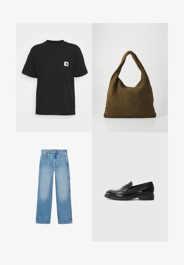 Musta puuvillapaita, jossa on lyhyet hihat, pyöreä kaula-aukko ja etutasku, jossa on neliölogo valkoisena ja mustana.; Vaaleansiniset farkut suoran leikkauksen, viiden taskun suunnittelun ja lievällä haalistumisella. Vyötäröllä on nappi- ja vetoketjukiinnitys.; Musta nahkainen loafer-kenkä, jossa on pyöristetty kärki, ommeltu yksityiskohta ja matala lohkokorko. Tasainen pinta ilman näkyviä kuvioita tai korostuksia.; Kudottu kangaskassi oliivinvihreänä, tilavalta pyöreältä muodoltaan ja yhdessä pitkittäisessä kantokahvassa. Pintakuviointi.