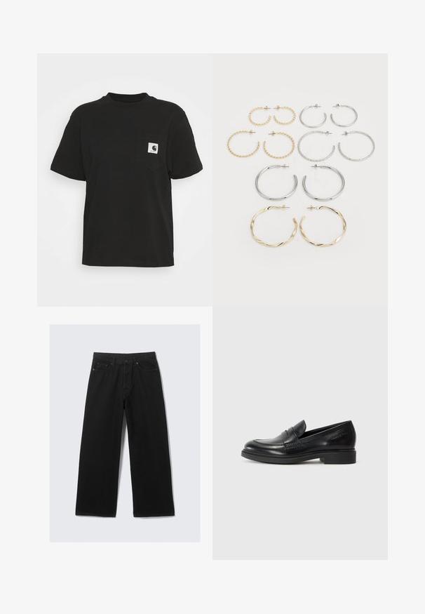 Melns kokvilnas T-kreklu ar īsām piedurknēm, apaļu kakla izgriezumu un priekšējo kabatu, kurā ir kvadrātveida logo baltā un melnā krāsā.; Melni platleņķa bikses, izgatavotas no denima, ar klasisku piecu kabatu dizainu un strukturētu jostasvietu ar jostas cilpām.; Melnas ādas loaferi ar noapaļotu purngalu, izšūtiem pārmetumiem un zemu bloku papēdi. Gluda tekstūra bez redzamām rakstu vai akcentiem.; Divpadsmit auskaru komplekts ar riņķiem sudraba un zelta tonī. Ietver vītņotus, gludus un teksturētus dizainus ar dažādiem izmēriem un apdares veidiem.