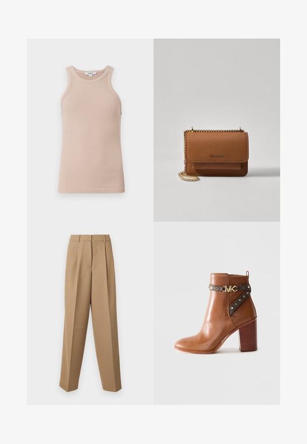 Beige csíkozott ujjatlan felső széles nyakkivágással. Puha textúra, testhezálló fazon és minimalista stílus. Márkajelzés látható.; Beige színű, magas derekú, plissézett elejű és széles szárú, testre szabott nadrág. Az anyag sima tapintású, enyhe fénylő hatással.; barna bőr boka csizma, stílusos tömbsarkal, oldalszíj arany szegecsekkel és arany "MK" logós csattal.; Barna textúrájú bőr keresztbody táska arany lánc pánttal és fedélzárral. Az elején logó részlet és egy zseb található a fedél alatt.