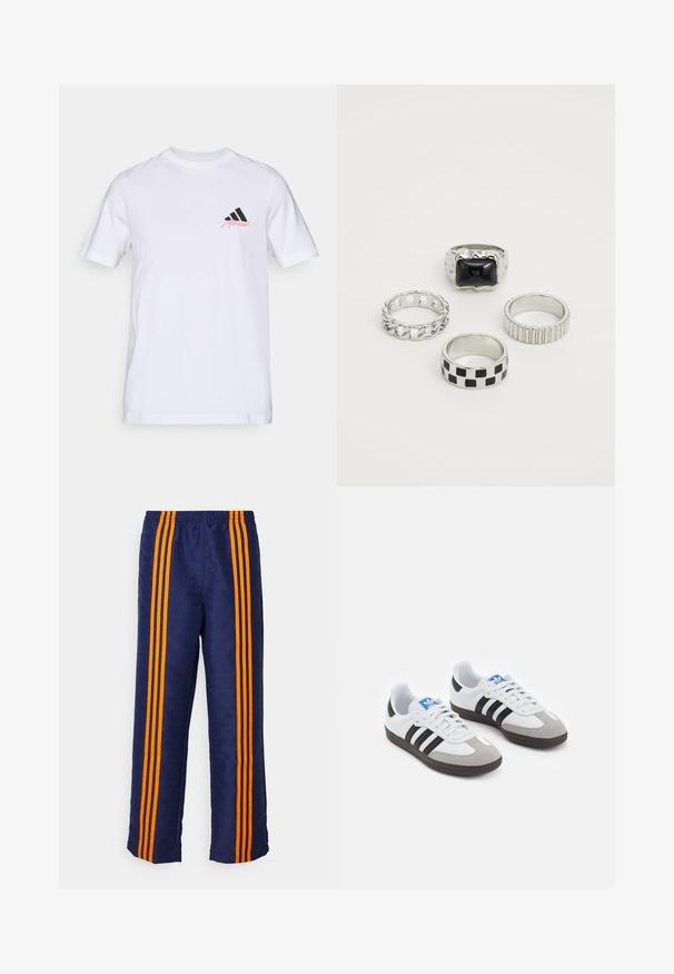 Fehér pamut póló fekete háromcsíkos logóval és rózsaszín "Merkel" felirattal a bal mellrészen. Klasszikus kerek nyakkivágás és rövid ujjak.; Tengerészkék nadrág, mely egész felületén mintás textúrával rendelkezik, egyik oldalán három vastag narancssárga csíkkal. Rugalmas derékrész a tetején.; Fehér bőr felsőrészes sportcipő, szürke velúrból készült orral és három fekete csíkkal. Jellemzője a kék logó a nyelvén és egy texturált gumitalp.; Négy gyűrűből álló készlet: az egyik fekete, téglalap alakú kővel díszített, a másik három fémes, textúrákkal ellátott, beleértve a láncszem, bordás és sakktábla mintát.