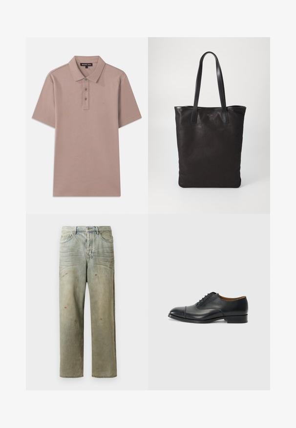 Polo skjorte i lys brun stof med korte ærmer, tre-knaps placket og broderet "MK" logo på brystet. Glat tekstur.; Hvid langærmet skjorte med knapper, lavet af glat stof, med en standard krave og en række perle-lignende knapper langs fronten.; Slidte denimjeans i lysegrøn med lige ben, femlommerdesign og ujævn falming med malersplatter.; Sort lædersko med glat overflade, rund tå, fem snørrehuller og lav blokhæl. Minimalistisk design med diskret syninger.; Sort lærred tote taske med sorte læderhåndtag. Simpelt design, rummelig krop og en glat overflade. Ingen synlige logoer eller mønstre.