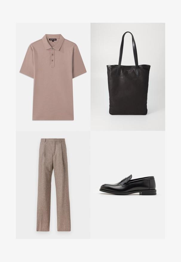 Polo majica od svijetlosmeđeg materijala s kratkim rukavima, s plaketom od tri dugmeta i izvezenim "MK" logotipom na prsima. Glatka tekstura.; Smeđe, hlače viskog struka od teksturiranog materijala. Imaju široke nogavice i dva prednja pregiba za strukturu. Uređen završetak bez vidljivih metalnih dijelova.; Crni kožni mokasini s glatkom teksturom, zaobljenim prstima i ukrasnom trakom preko prednjeg dijela. Niski slojeviti potplat, minimalistički dizajn.; Crna platnena torba s crnim kožnim ručkama. Jednostavan dizajn, prostrano tijelo i glatka tekstura. Bez vidljivih logotipa ili uzoraka.