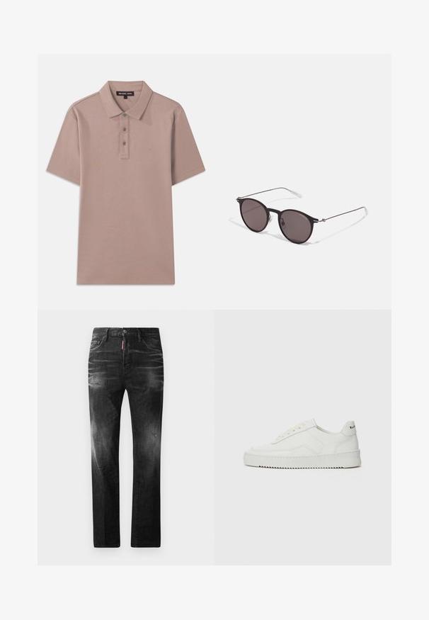 Polo skjorte i lys brun stof med korte ærmer, tre-knaps placket og broderet "MK" logo på brystet. Glat tekstur.; Sorte denim jeans med lige pasform. Har falmede områder, mindre slid, klassisk fem-lommer design og knaplukning.; Hvide lædersneakers med en glat overflade, rund tå, flade snørebånd og en tekstureret sål. Har et diskret logo på hælen.; Sorte runde solbriller med mørke linser og slanke metalarme. Inkluderer klare tempeltips og sølvdetaljer ved hængslet. Minimalistisk design.
