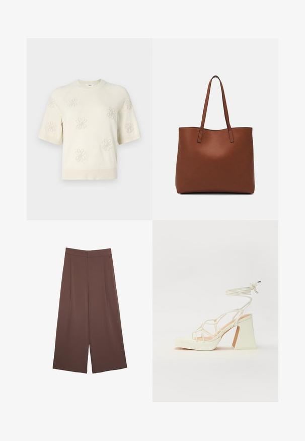 Pull moelleux à manches courtes avec broderie florale, col rond, et finitions côtelées aux poignets et à l'ourlet. Texture douce et coupe décontractée.; Pantalons larges marron avec une texture lisse, dotés d'une taille haute et de plis à l'avant. Le tissu est léger et tombe de manière fluide.; Sandale blanche à talons hauts avec un talon épais, présentant un design à lanières et un lien autour de la cheville. Texture lisse avec une plateforme à l'avant pour une hauteur supplémentaire.; Sac fourre-tout en cuir marron avec une texture lisse, design à ouverture supérieure et deux poignées pour le porter à l'épaule. Présente des coutures minimales et aucun matériel visible.