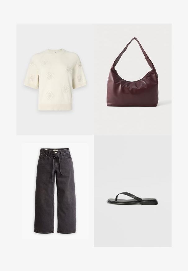 Cream short-sleeve sweater with floral embroidery, round neckline, and ribbed detailing at cuffs and hem. Soft texture and relaxed fit.; Black wide-leg jeans made of denim, featuring a drawstring waist, five pockets, and contrast stitching details. Flat-front design.; Black flip-flop made of smooth leather, featuring a thin strap design and a flat sole with a minimal profile. No notable patterns or accents.; Smooth burgundy leather shoulder bag with adjustable strap and zipper closure, displayed against a plain white background.