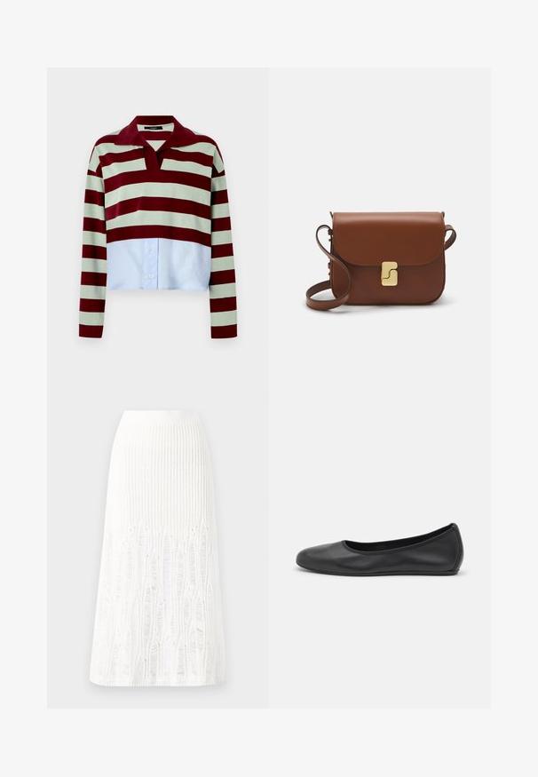 WEEKEND MaxMara HALLE - Top s dlhým rukávom - sage green; Pletená biela midi sukňa s textúrovaným vzorom s vertikálnymi pruhmi a výrezmi v blízkosti dolného okraja. Elastický pás. Mäkkučký materiál.; Čierne kožené baleríny s okrúhlou špičkou, hladkým povrchom, minimálnym prešívaním a flexibilným dizajnom podrážky.; Hnedá kožená kabelka s klopou, zlatými kovovými prvkami, ramenným popruhom a hladkým povrchom. Kompaktný obdĺžnikový tvar.