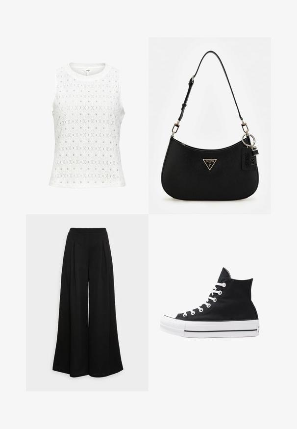 Vit ärmlös topp med ett texturerat tyg med diamantmönster och små ögla. Rund halsringning och rak fåll.; Breda svarta byxor i ett mjukt tyg, med framfickor och hög midja, som ger en flödande silhuett.; Svart hög sneakers i canvas med vita ögla, snören och gummisulor. Har en texturerad tåskydd och svartvita randiga detaljer.; Svart syntetisk axelväska med en rundad siluett, strukturerad yta, guldtriangel-logotyp och avtagbara hårdvaruaccentuer.
