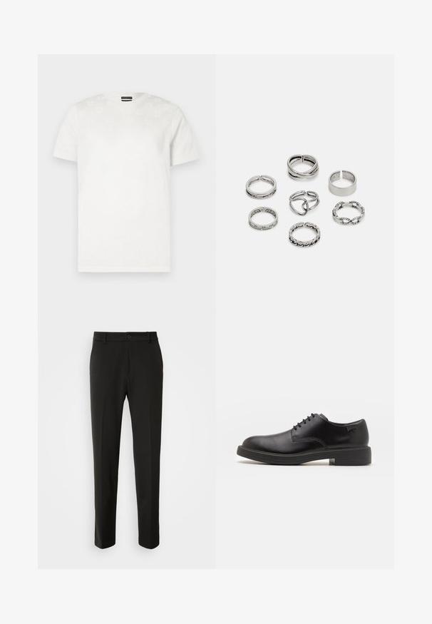 Valkoinen puuvillainen t-paita lyhyillä hihoilla, jossa on hienovarainen struktuurimainen kuvio yläosassa edessä. Pyöreä kaula-aukko, normaali istuvuus.; Mustat housut, jotka on valmistettu sileästä kankaasta, suoriin lahkeisiin, nappikiinnitykseen ja klassiseen muotoiluun, sopivat muodollisiin tai vapaa-ajan asuihin.; Mustat nahkasaappaat, joissa on pyöreä kärki, sileä pinta, minimaalinen ommel ja matala kumipohja. Logo kannassa.; Setti seitsemän hopeasormusta, joissa on erilaisia muotoiluja, kuten kierrettyjä, linkitettyjä ja kaiverruksilla varustettuja kuvioita. Eri muotoja ja leveydet.