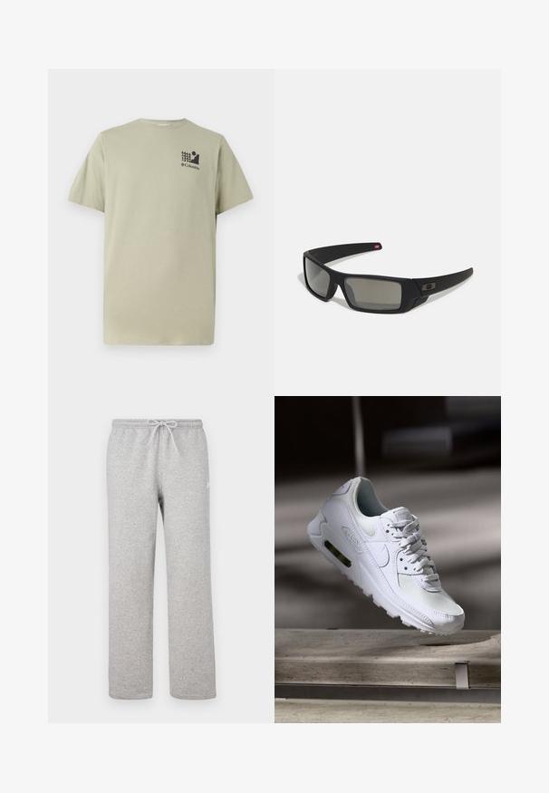 Jasnooliwkowa bawełniana koszulka z krótkim rękawem, okrągłym dekoltem oraz małym czarnym grafiką przedstawiającą drzewa i słońce na klatce piersiowej.; Szare spodnie dresowe z elastycznym pasem i sznurkiem do regulacji. Wykonane z miękkiego materiału, mają proste nogawki i subtelne logo.; Białe sneakersy Nike Air Max 90 z siateczkowym i skórzanym wierzchem, perforowanym czubkiem oraz widoczną jednostką Air w pięcie.; Czarne okulary przeciwsłoneczne z matowym wykończeniem, prostokątne soczewki, lekko wygięte zauszniki, subtelny detal z logo oraz szkła w odcieniu dymnym.